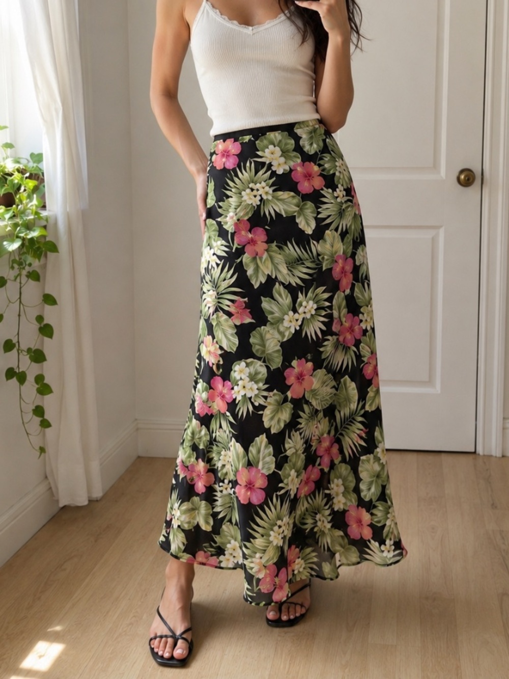 Lauren Ralph Lauren Silk Floral Bias Midi Skirt Black Pink 10